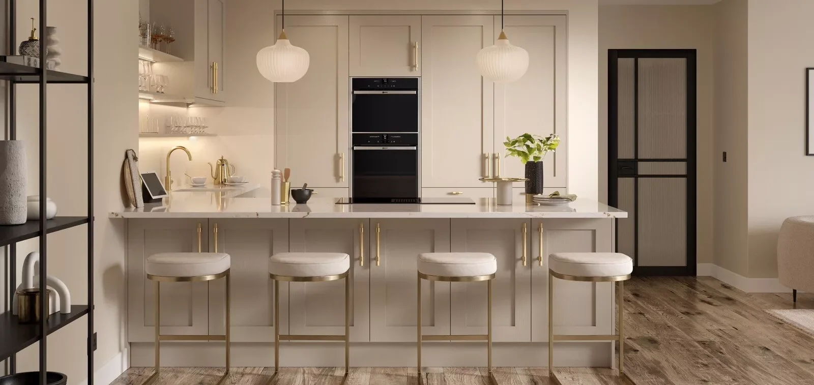 Refurbishment Finance Modern kitchen featuring a white countertop, gold accents, and bar stools.